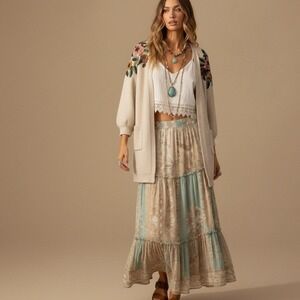 Boundless North‎ Beige Floral Embroidered Knit Cardigan Sweater Women's Large